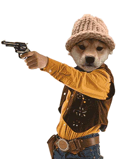 WIF dog holding gun up, looking weak